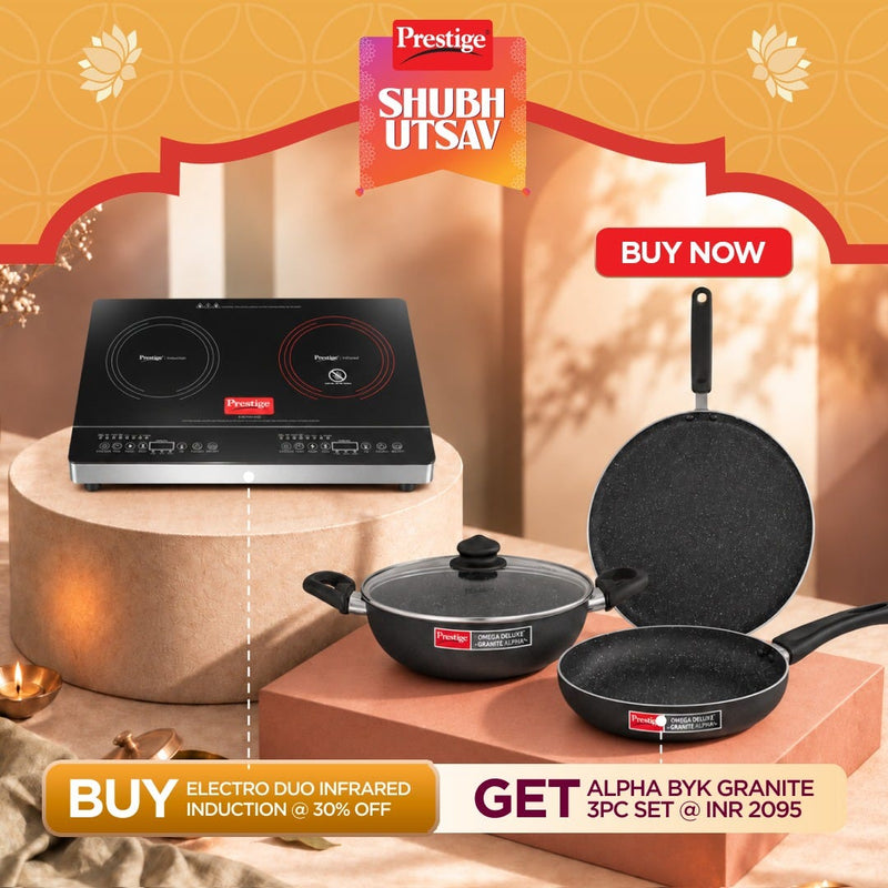 Prestige Electro Duo Infrared and Induction Combi Cooktop + Prestige Omega Deluxe Granite Alpha 3 Pc BYK Non-Stick Set: Kadai 24cm with Glass Lid, Omni Tawa 28cm, Fry Pan 24cm