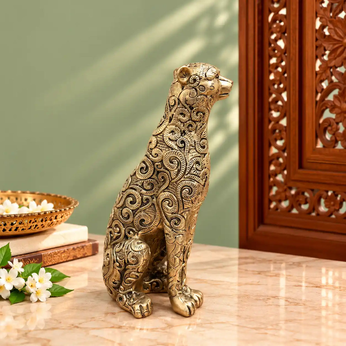 Brass Sitting Leopard / Tiger Statue (11 Inch)