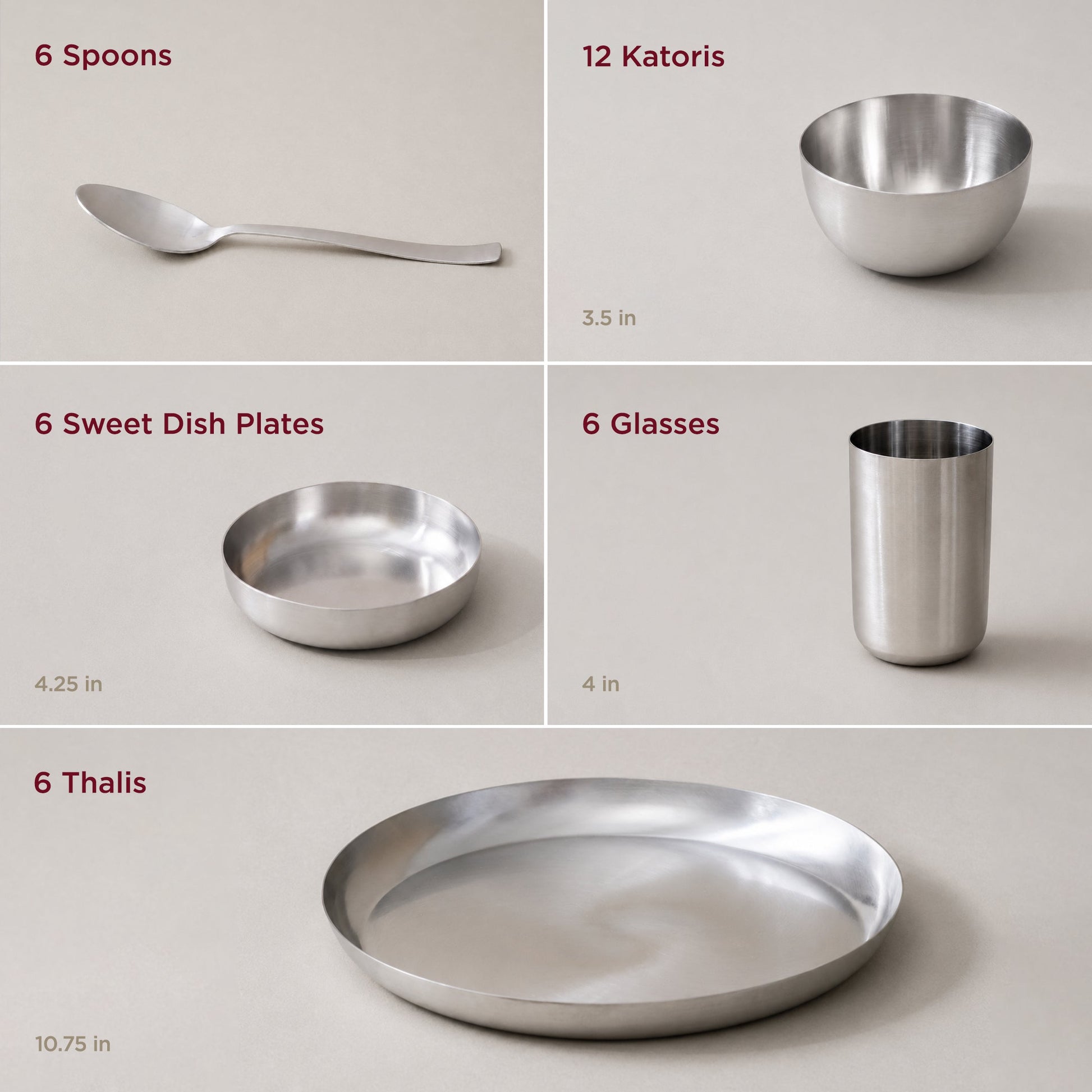 36-Piece Stainless Steel Solid Dinner Set • Matte Finish • Serves 6 (स्टील का डिनर सेट)