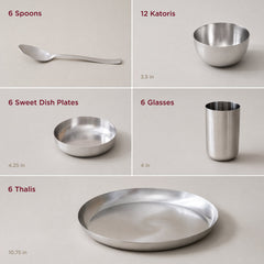 36-Piece Stainless Steel Solid Dinner Set • Matte Finish • Serves 6 (स्टील का डिनर सेट)