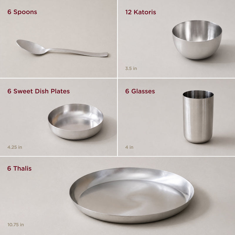 36-Piece Stainless Steel Solid Dinner Set • Matte Finish • Serves 6 (स्टील का डिनर सेट)