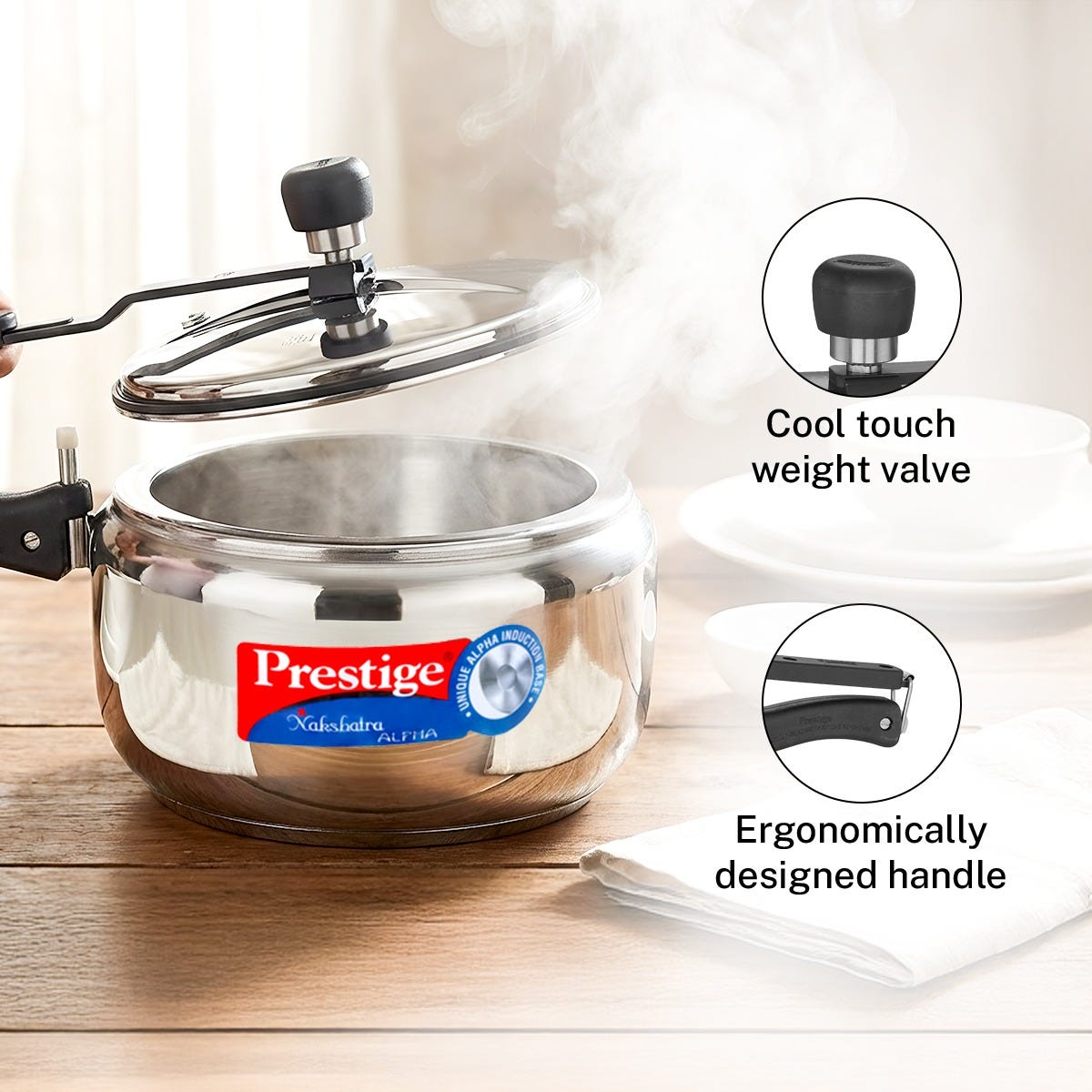 Prestige Nakshatra Alpha Stainless Steel Gas and Induction Compatible Pressure Cooker, 3.5 L (Silver), Prestige Omega Deluxe Granite Non-stick Round Base Omni Tawa, 25 cm (Black)