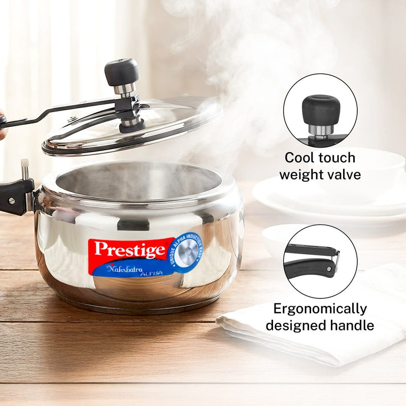 Prestige Nakshatra Alpha Stainless Steel Gas and Induction Compatible Pressure Cooker, 3.5 L (Silver), Prestige Omega Deluxe Granite Non-stick Round Base Omni Tawa, 25 cm (Black)