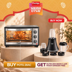 Prestige POTG 28AC 28L OTG, 1500W, Air Fry, Rotisserie, 2 Heaters, Timer, 2Y Warranty + Prestige Nutri-Zen Mixer Grinder, 3 Polycarbonate Jars (Big 1000ml, Sipper with Handle 700ml, Small 700ml)