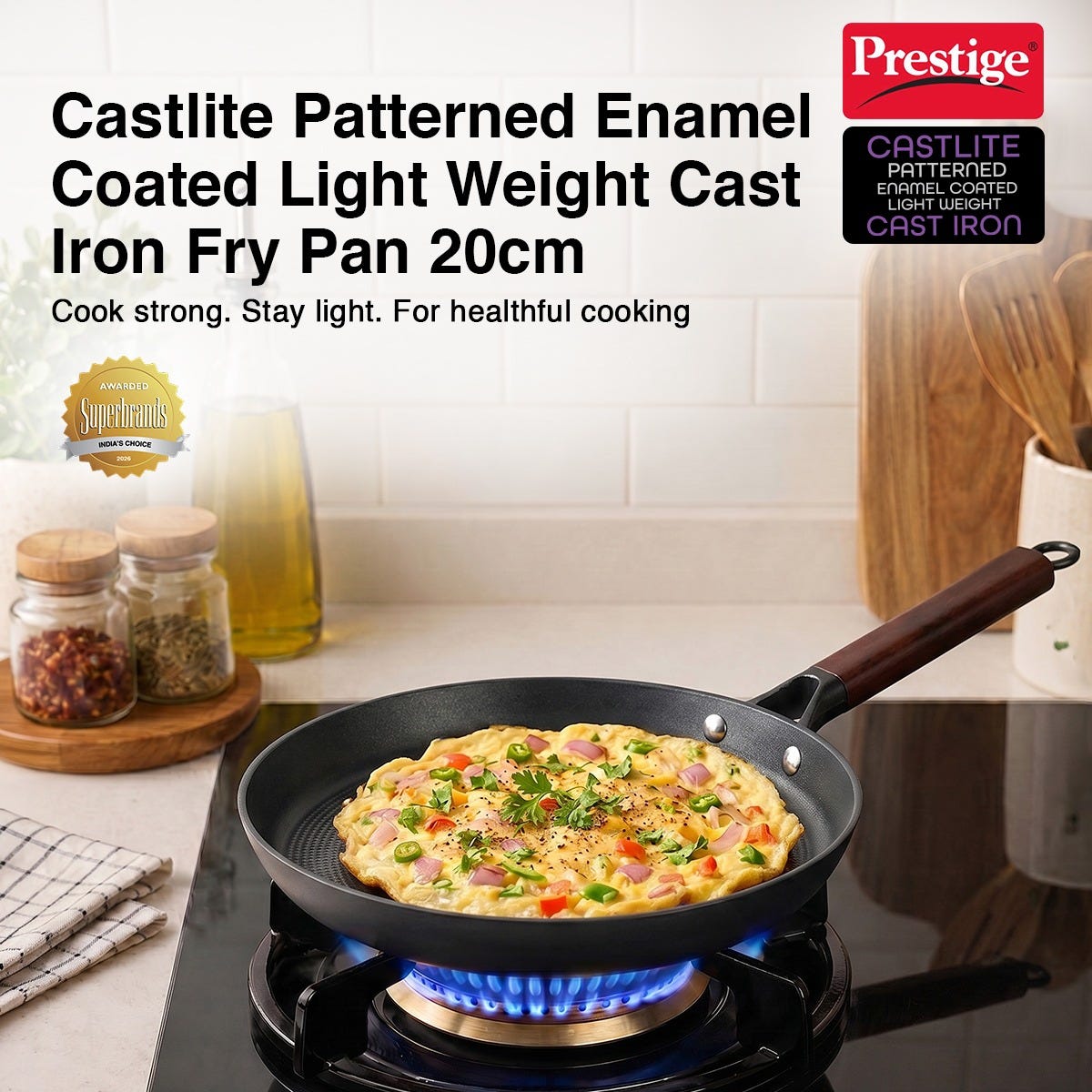 Prestige Castlite Patterned Enamel Coated Cast Iron Fry Pan 20cm/0.9L + Prestige Castlite Patterned Enamel Coated Cast Iron Kadai 24cm/2.4L with Glass Lid, Rust-Proof, Gas & Induction, 15Y Warranty
