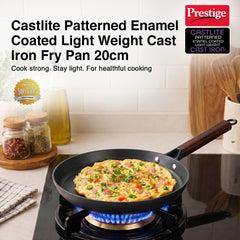 Prestige Castlite Patterned Enamel Coated Cast Iron Fry Pan 20cm/0.9L + Prestige Castlite Patterned Enamel Coated Cast Iron Kadai 24cm/2.4L with Glass Lid, Rust-Proof, Gas & Induction, 15Y Warranty