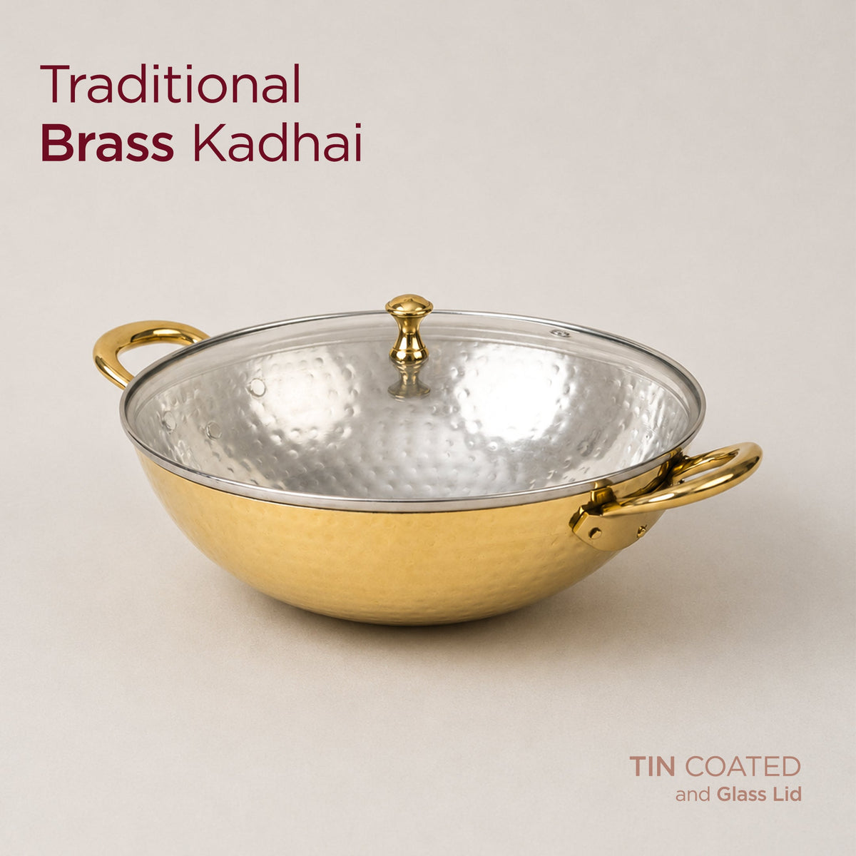 Traditional Brass Kadhai with Tin Coating and Glass Lid (Round Base) • 2.5 Litres | Total Weight w/ Lid: ~1.7 kg