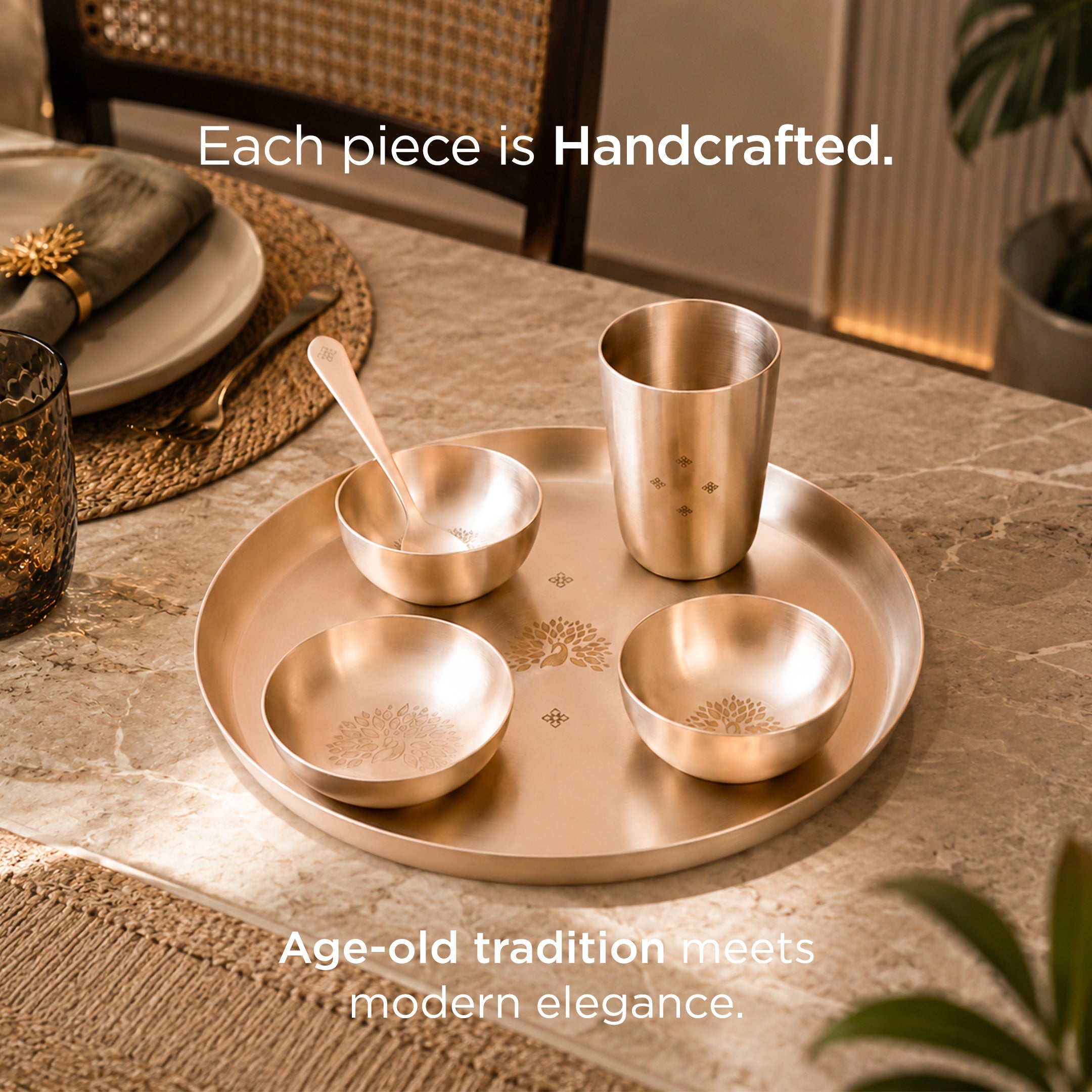 Peacock Motif • 36 Pcs 11.5" Kansa Dinner Set • Matte Finish • Thali Size - 11.5" • 100% Lead Free (कांसे का डिनर सेट)