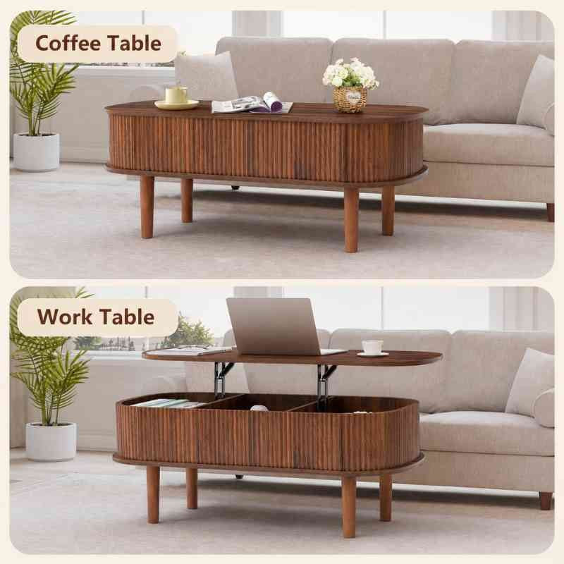 Space-Saving Oval Lift-Top Coffee Table with 3 Hidden Compartments – Acacia Wood