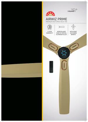 V-Guard AIRWIZ PRIME PREMIUM HIGH SPEED (48") 370 RPM with 3 Year Warranty BLDC Motor with Remote 1200 mm Ceiling Fan (5 Star | IMPERIAL GOLD | Pack of 1)