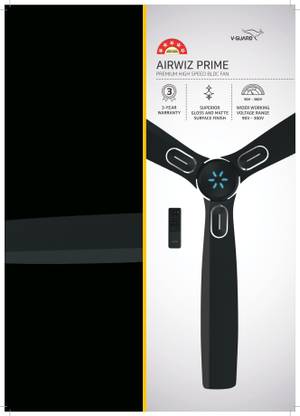 V-Guard AIRWIZ PRIME PREMIUM HIGH SPEED (48") 370 RPM with 3 Year Warranty BLDC Motor with Remote 1200 mm Ceiling Fan (5 Star | STARRY BLACK MATTE | Pack of 1)