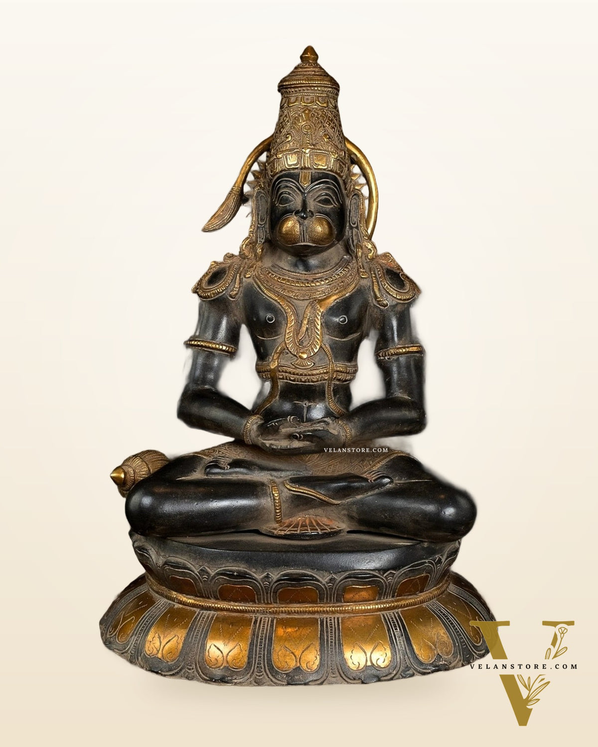 Antique Black and Gold Brass Hanuman Sculpture – 16" Meditation Statue