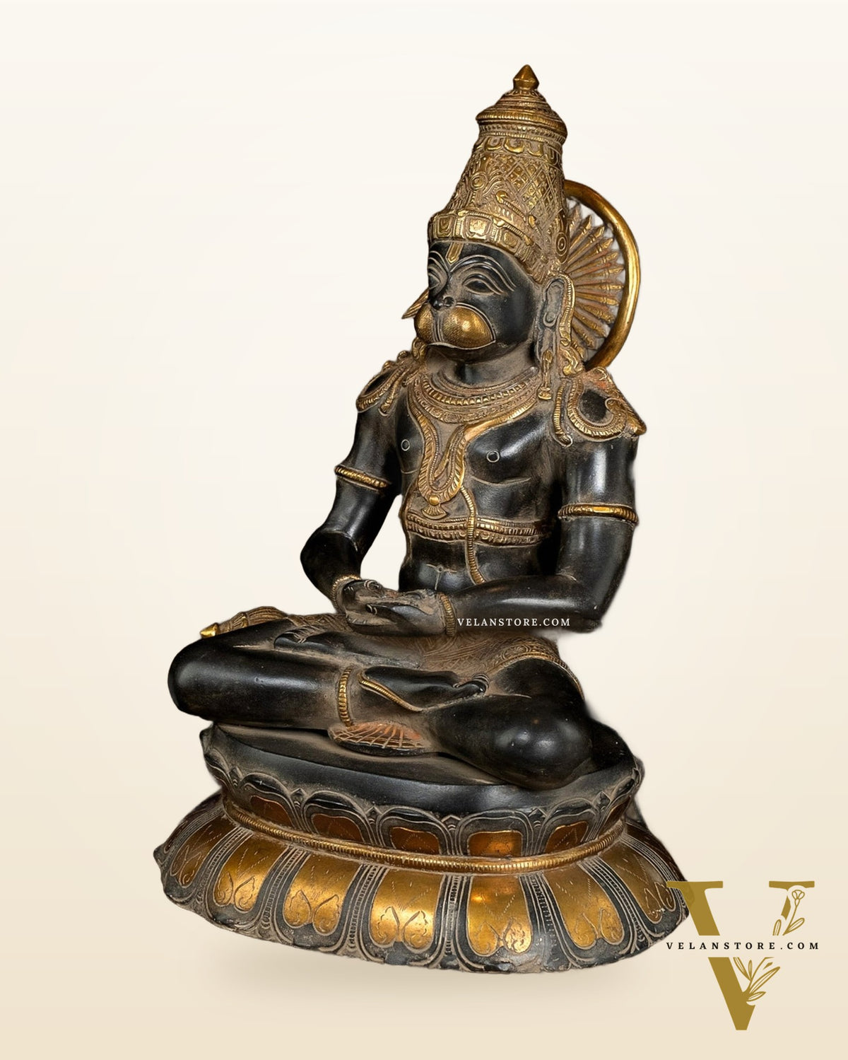 Antique Black and Gold Brass Hanuman Sculpture – 16" Meditation Statue