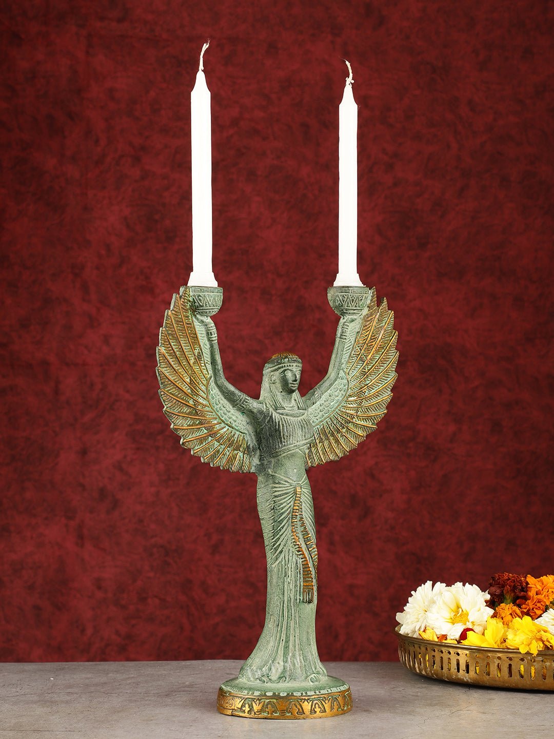 Antique Brass Goddess Iris Candle Holder - 12 inch
