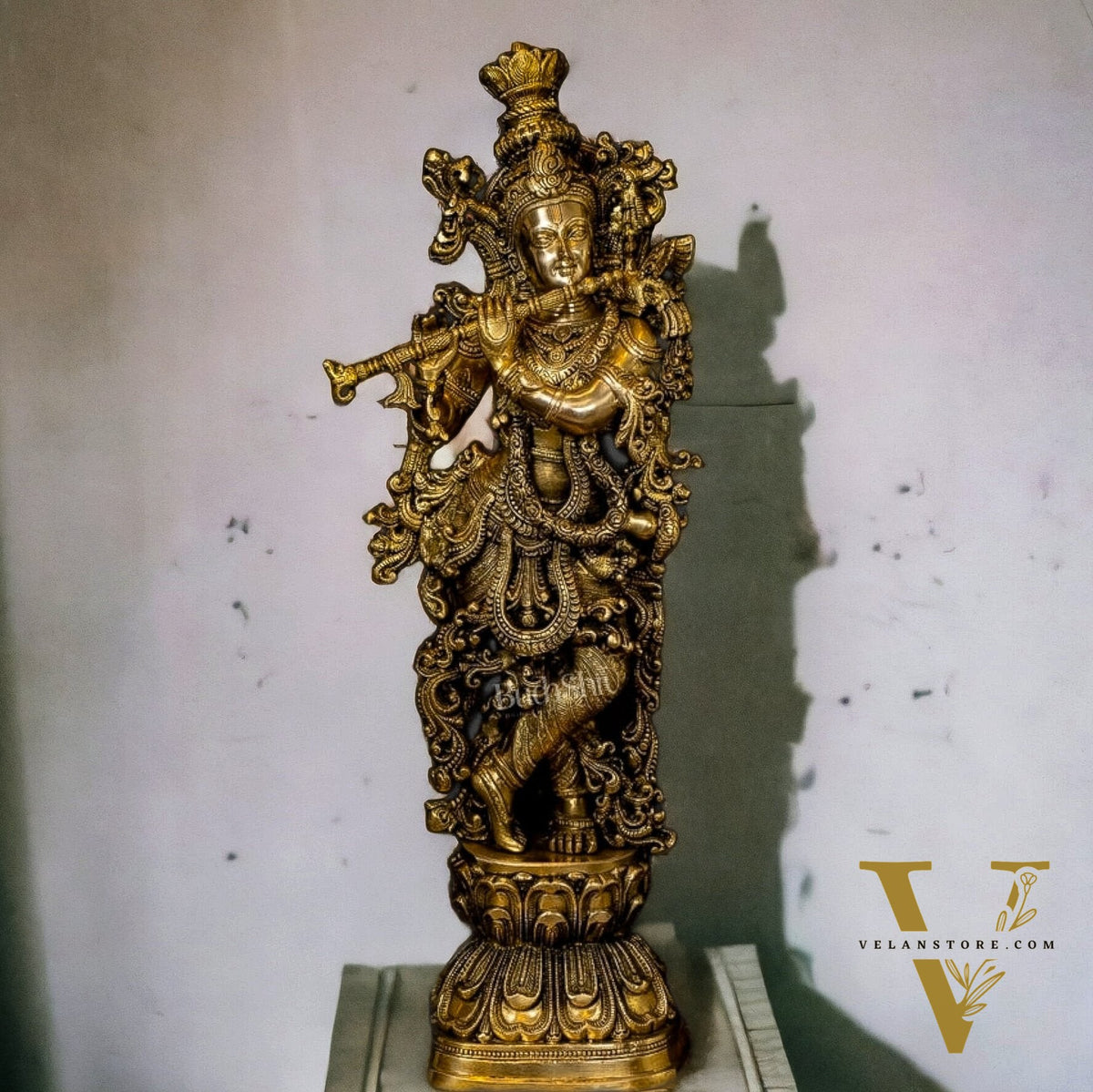 Antique Brass Handcrafted Krishna Playing the Flute - Divine Melody and Timeless Beauty 29"
