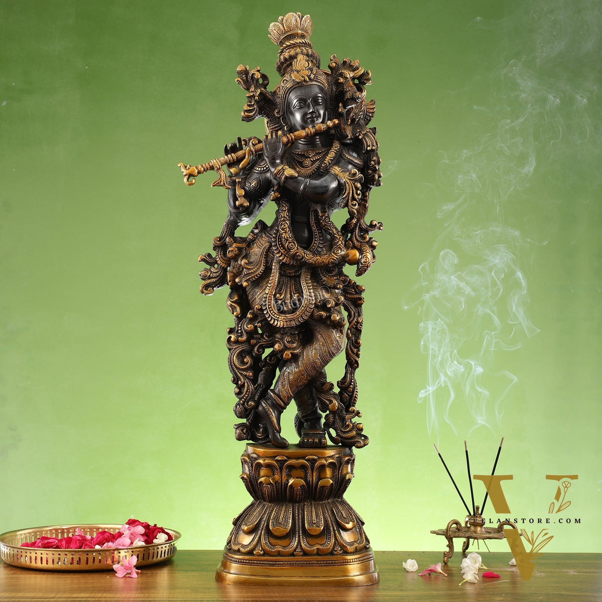 Antique Brass Handcrafted Krishna Statue 30 inch black