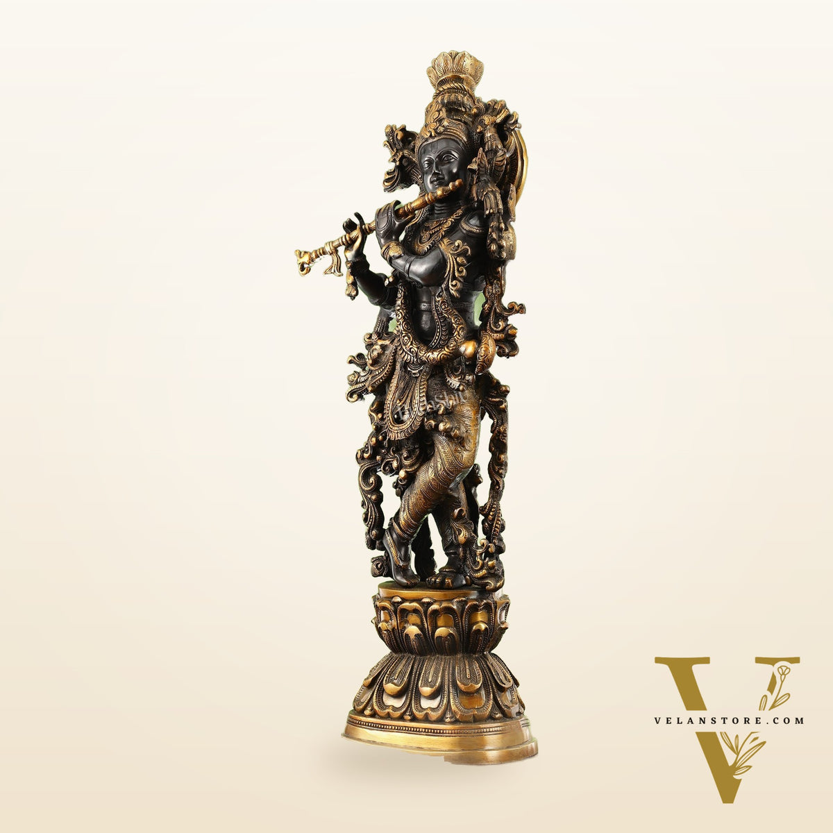 Antique Brass Handcrafted Krishna Statue 30 inch black