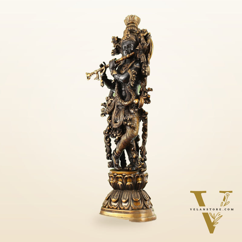 Antique Brass Handcrafted Krishna Statue 30 inch black