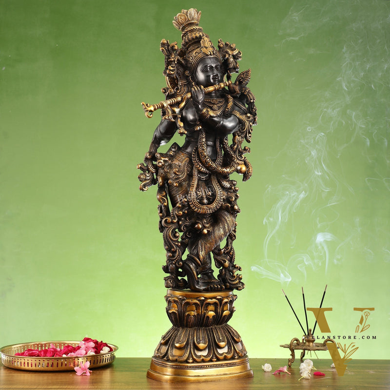 Antique Brass Handcrafted Krishna Statue 30 inch black