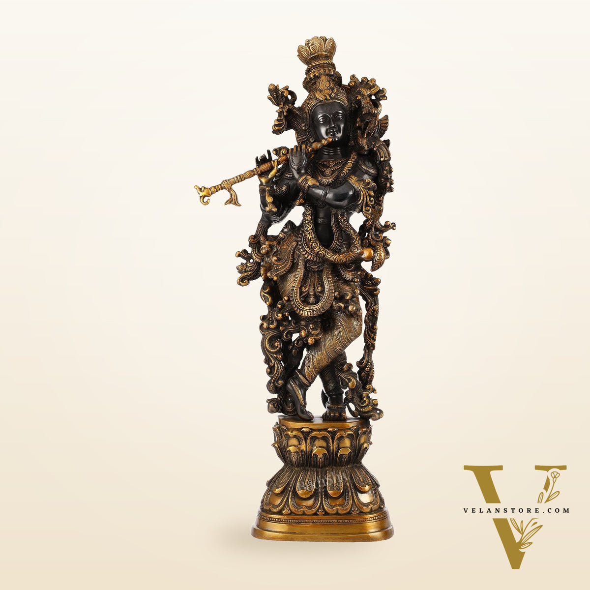 Antique Brass Handcrafted Krishna Statue 30 inch black