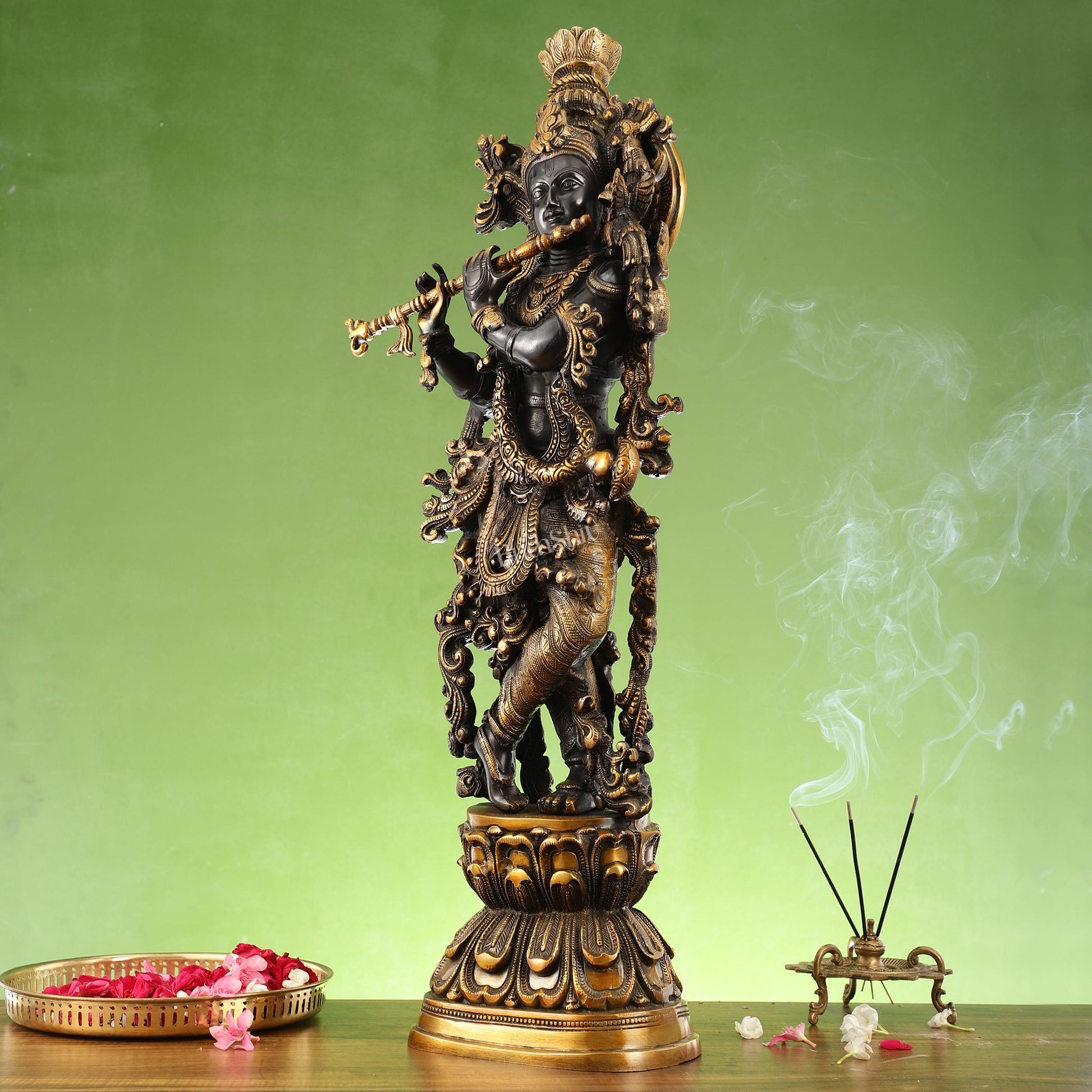 Antique Brass Handcrafted Krishna Statue 30 inch black