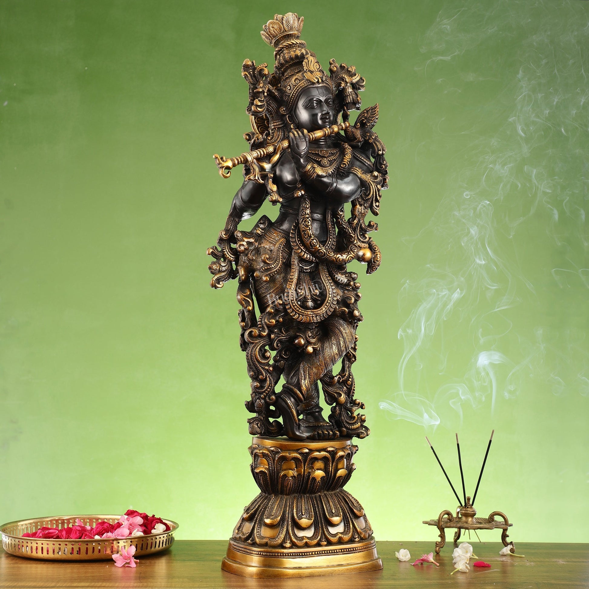 Antique Brass Handcrafted Krishna Statue 30 inch black