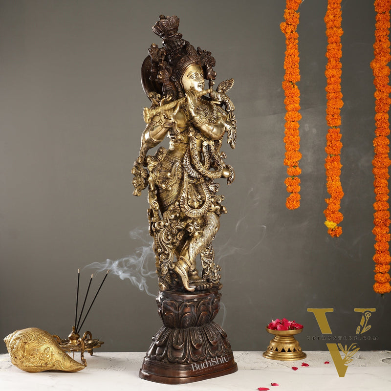 Antique Brass Handcrafted Krishna Statue 30 inch
