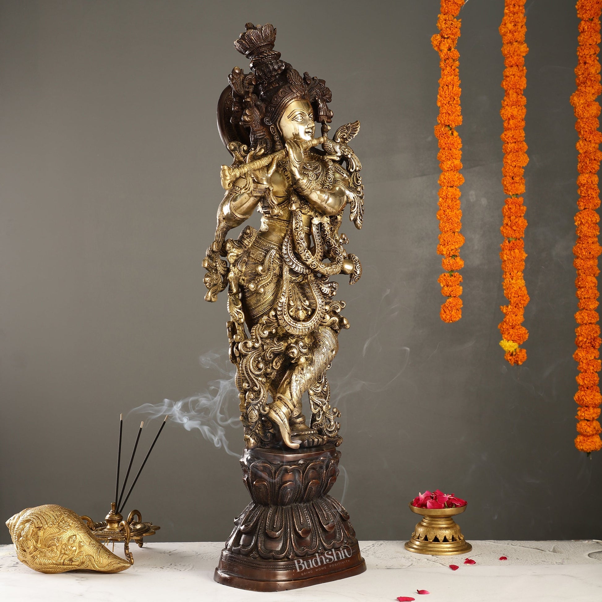 Antique Brass Handcrafted Krishna Statue 30 inch