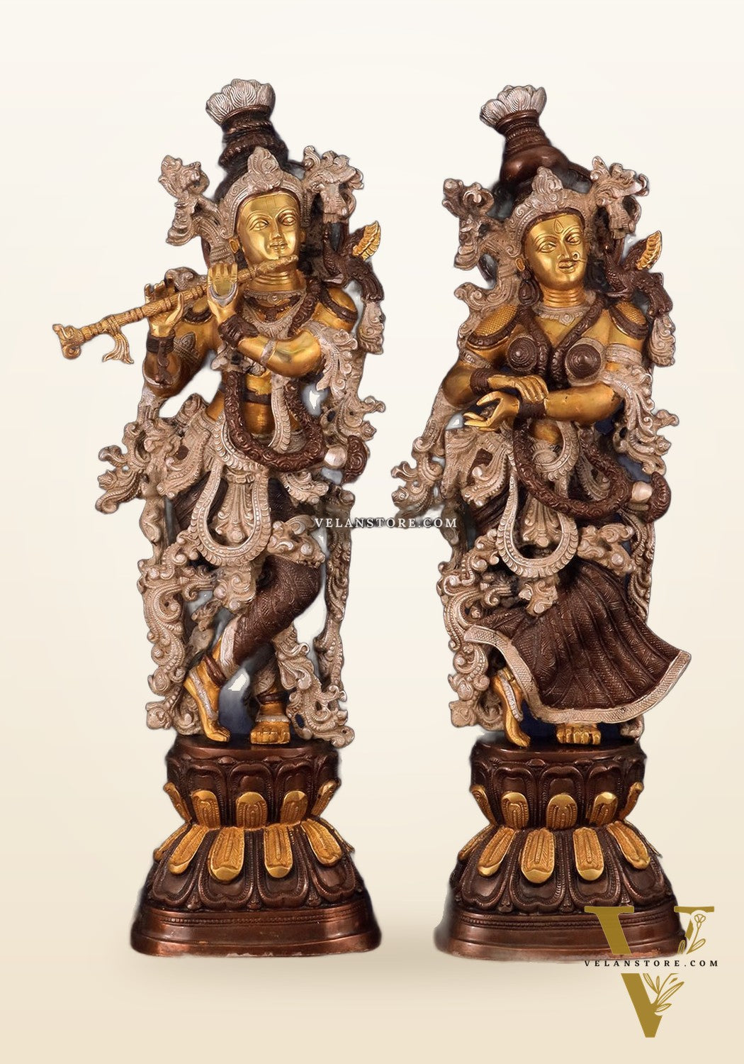 Antique Brass Handcrafted Radha Krishna Statue - 30 Inch