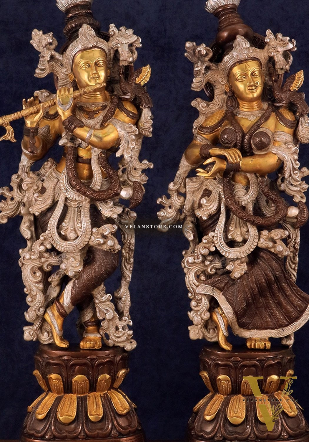Antique Brass Handcrafted Radha Krishna Statue - 30 Inch