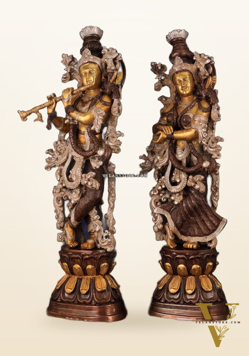 Antique Brass Handcrafted Radha Krishna Statue - 30 Inch