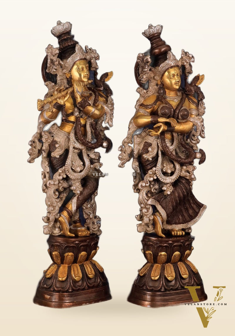 Antique Brass Handcrafted Radha Krishna Statue - 30 Inch