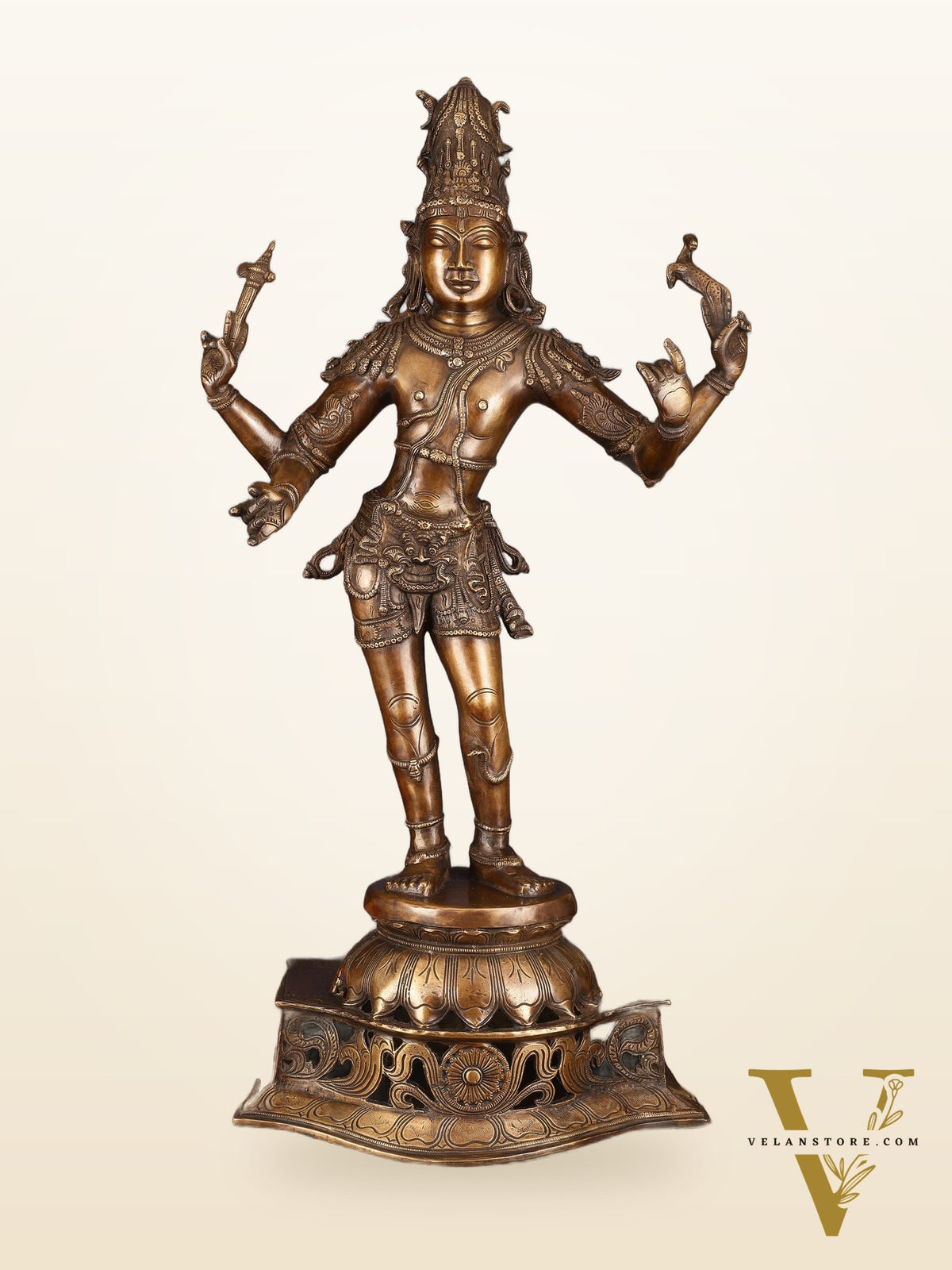 Antique Brass Handcrafted Standing Shiva as Pashupatinath Sculpture - Chola Style, 31.5"