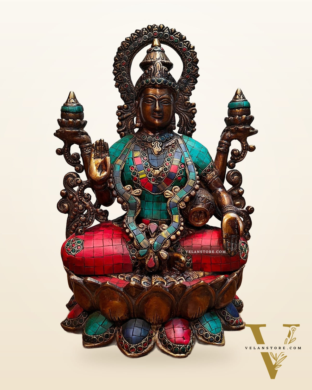 Antique Brass Lakshmi Idol with Meenakari Stonework | 12" Height |