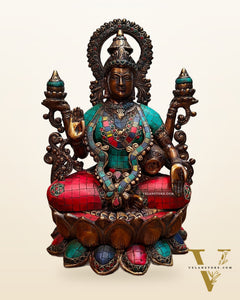 Antique Brass Lakshmi Idol with Meenakari Stonework | 12" Height |