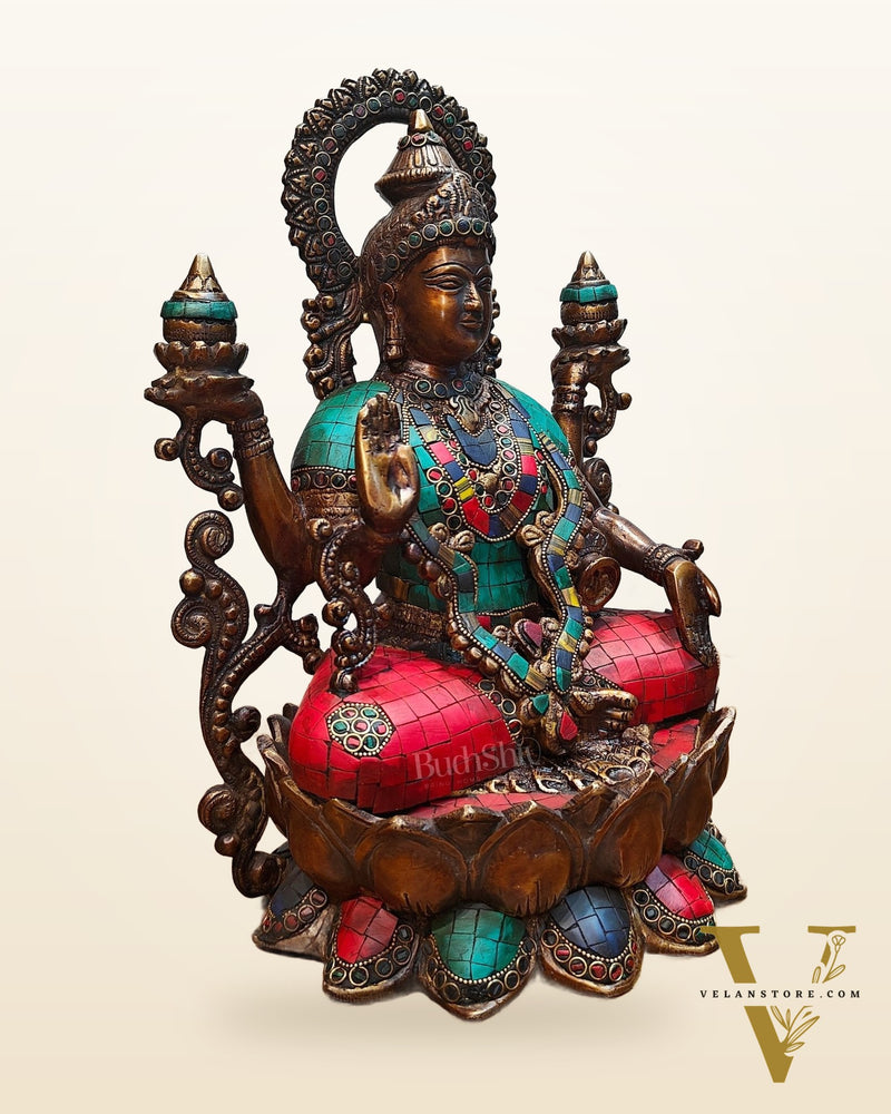 Antique Brass Lakshmi Idol with Meenakari Stonework | 12" Height |