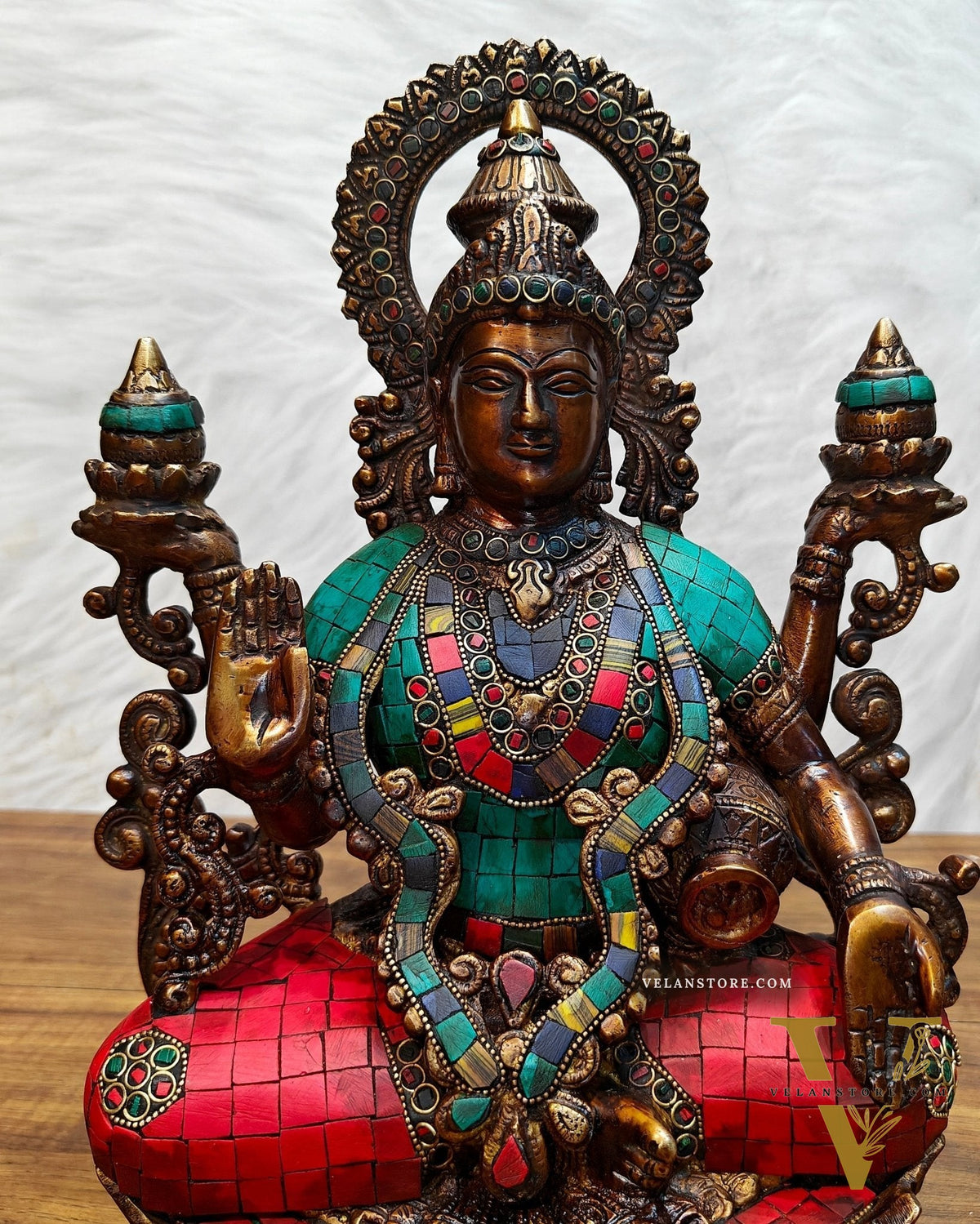 Antique Brass Lakshmi Idol with Meenakari Stonework | 12" Height |