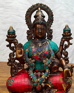 Antique Brass Lakshmi Idol with Meenakari Stonework | 12" Height |