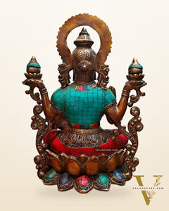 Antique Brass Lakshmi Idol with Meenakari Stonework | 12" Height |