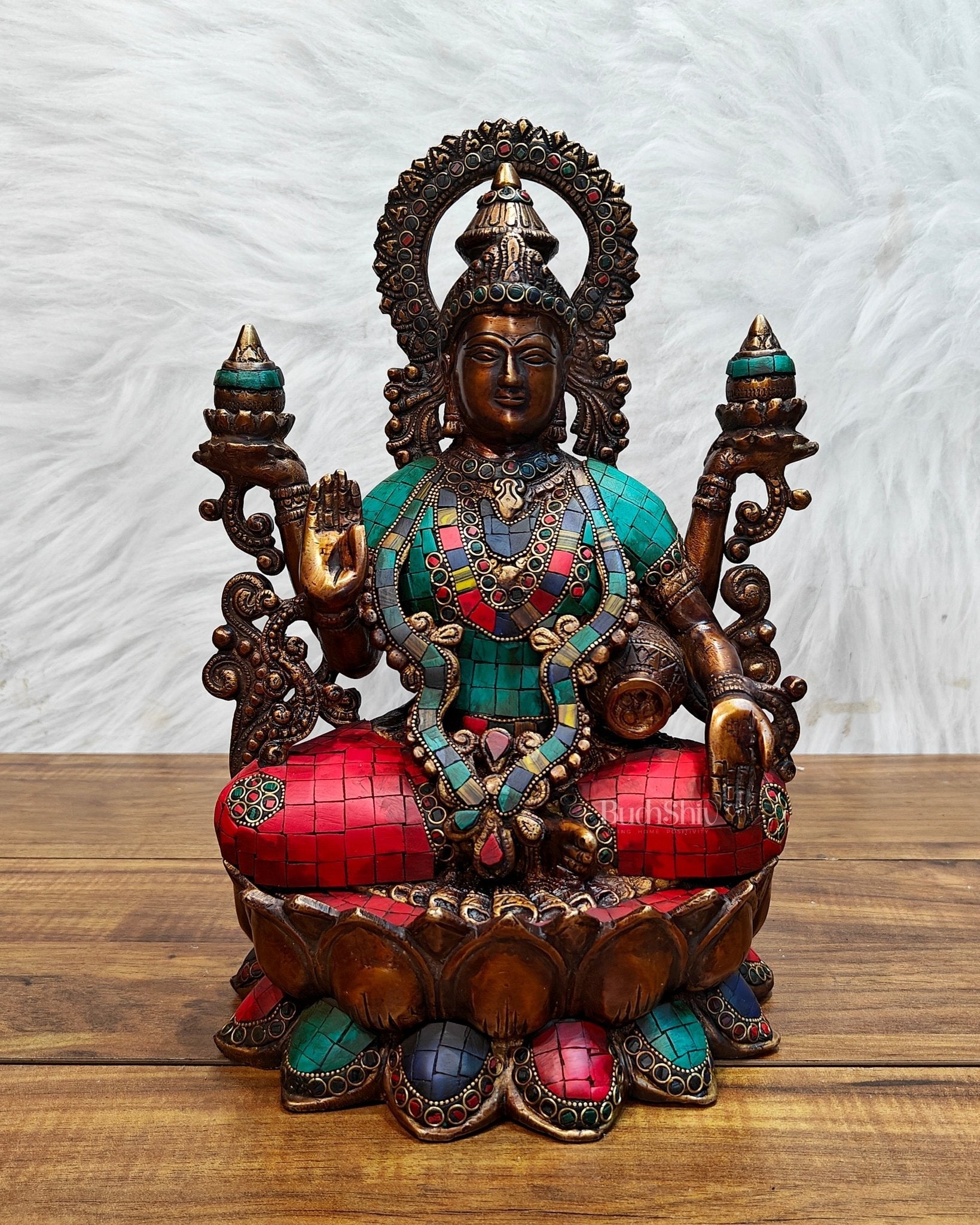 Antique Brass Lakshmi Idol with Meenakari Stonework | 12" Height |