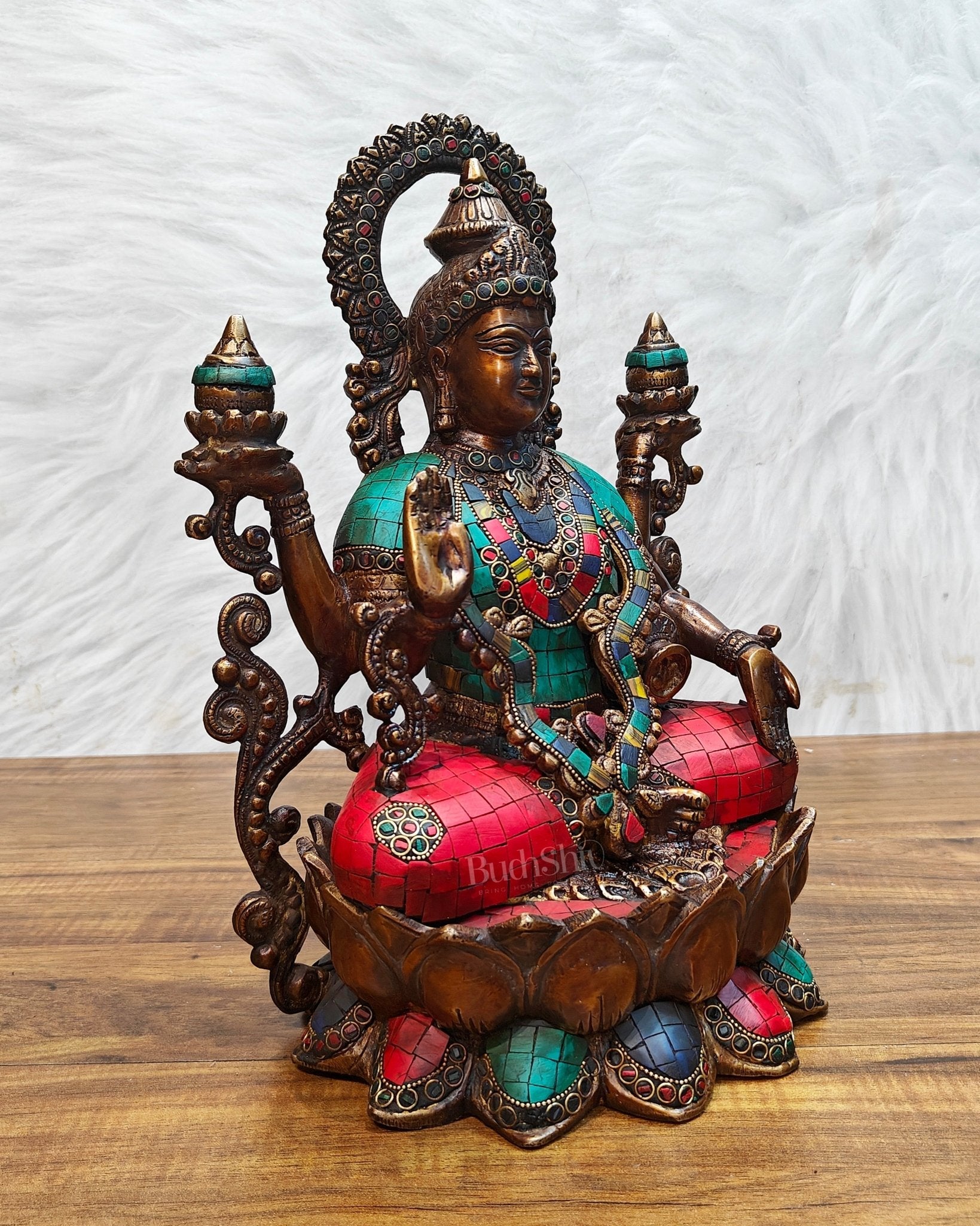 Antique Brass Lakshmi Idol with Meenakari Stonework | 12" Height |