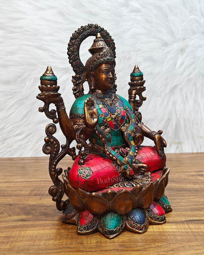 Antique Brass Lakshmi Idol with Meenakari Stonework | 12" Height |