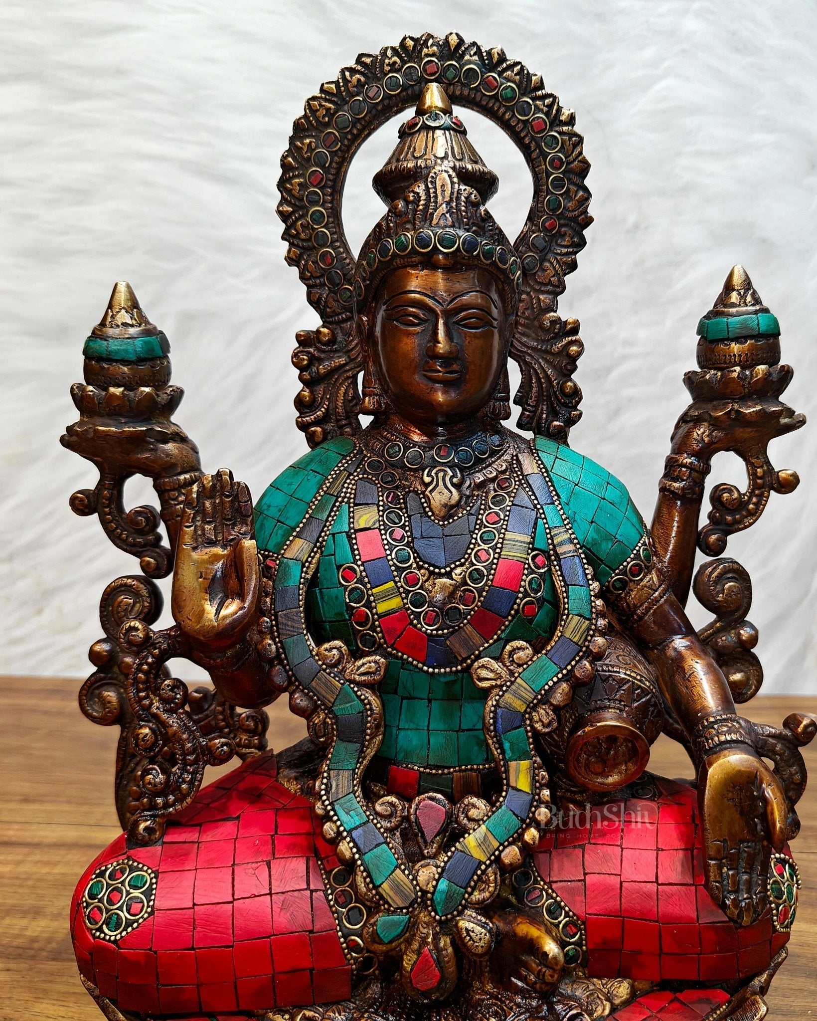 Antique Brass Lakshmi Idol with Meenakari Stonework | 12" Height |