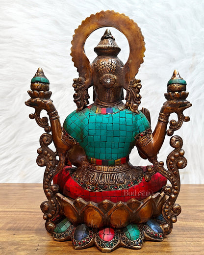 Antique Brass Lakshmi Idol with Meenakari Stonework | 12" Height |