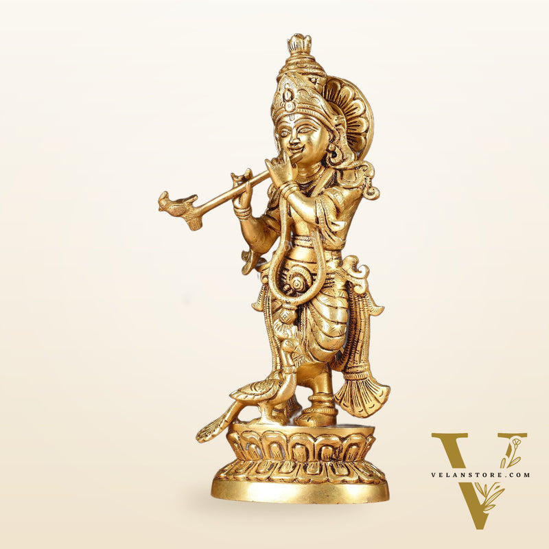 Antique Brass Lord Krishna Idol | Height 12.5 inch