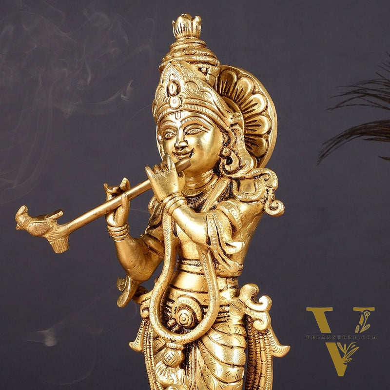 Antique Brass Lord Krishna Idol | Height 12.5 inch