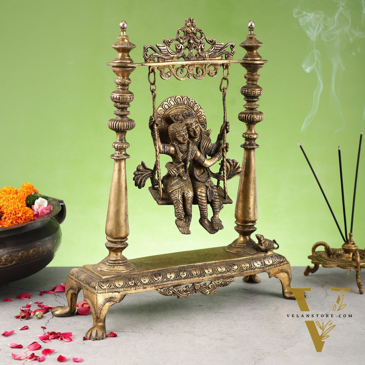 Antique Brass Radha Krishna Swing (Jhula) Idol | Height 15.5 inch