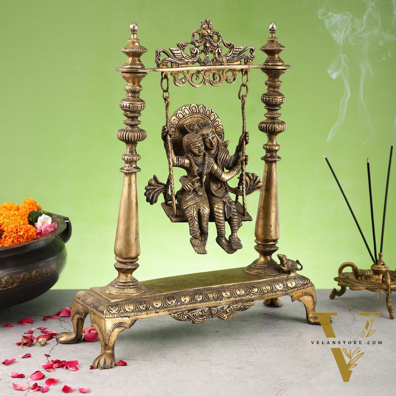 Antique Brass Radha Krishna Swing (Jhula) Idol | Height 15.5 inch