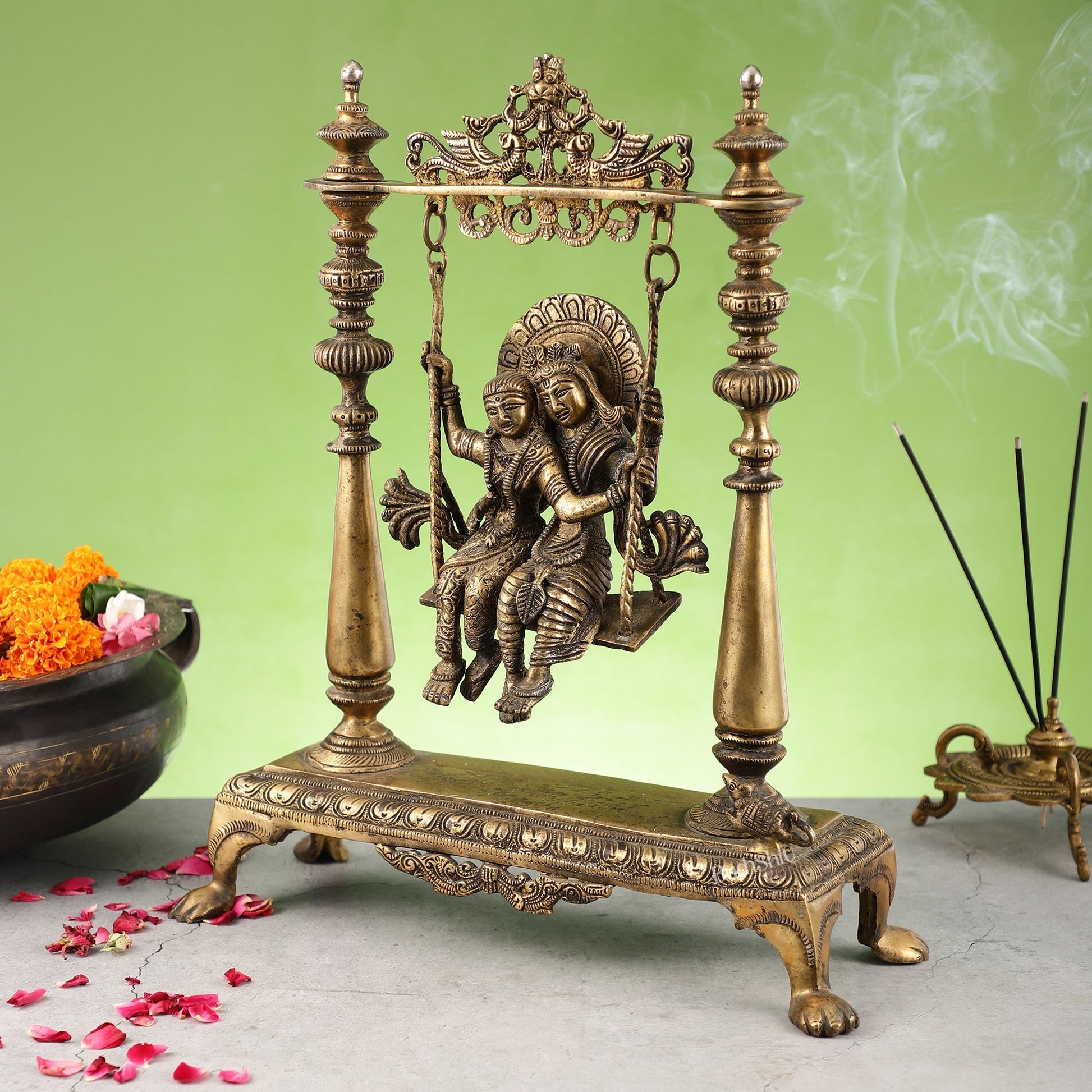 Antique Brass Radha Krishna Swing (Jhula) Idol | Height 15.5 inch