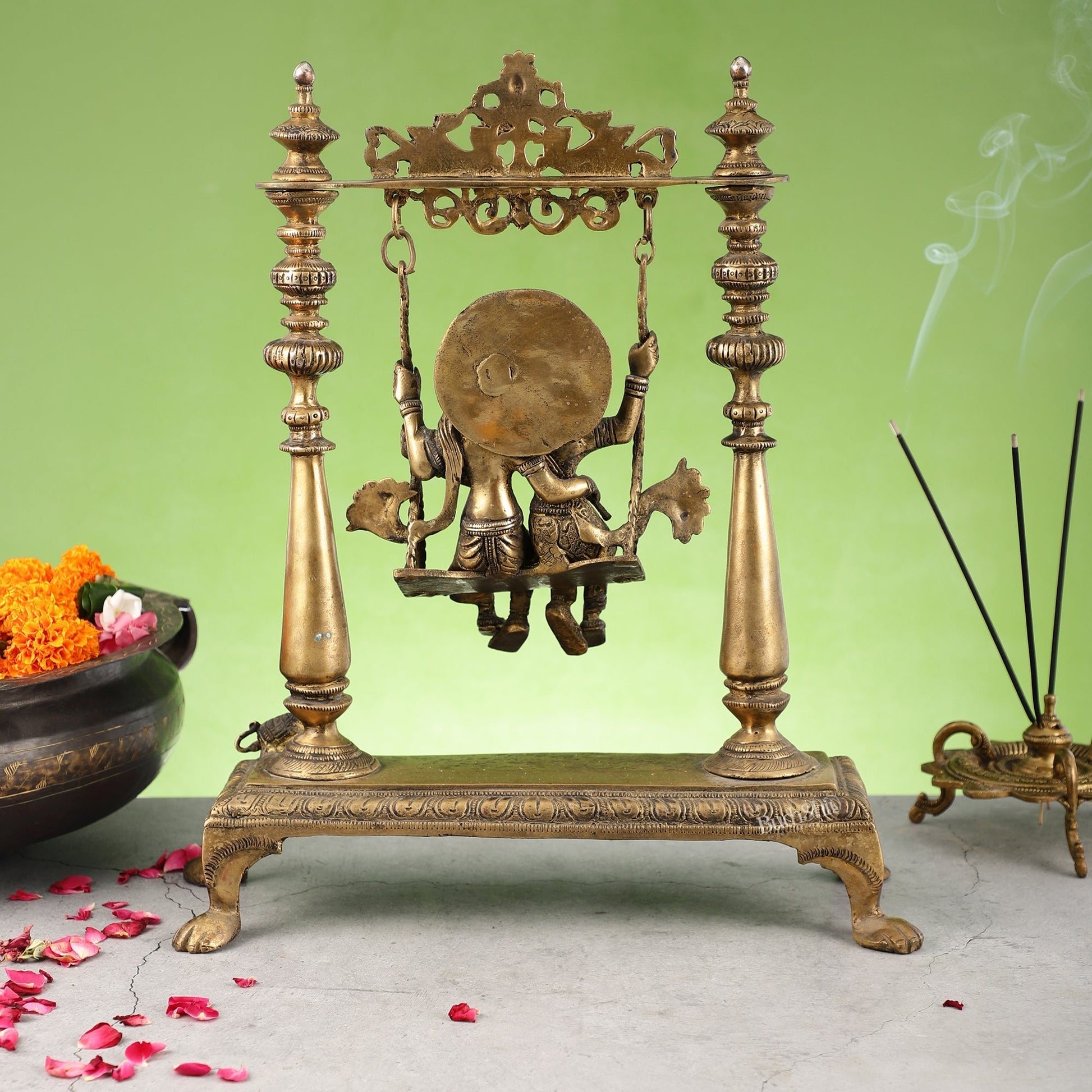 Antique Brass Radha Krishna Swing (Jhula) Idol | Height 15.5 inch